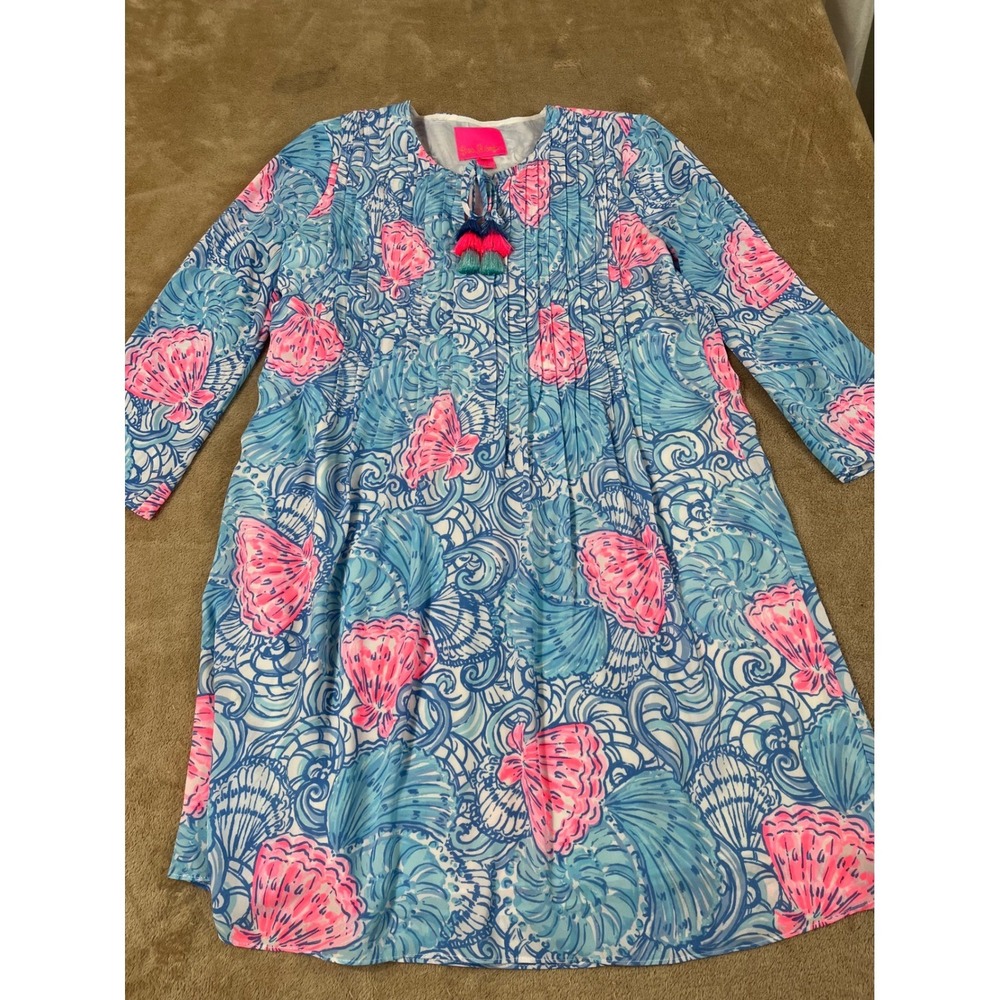 Lilly Pulitzer Marilina Tunic Dress Seashell AOP Tassle Women's Size XS Blue EUC